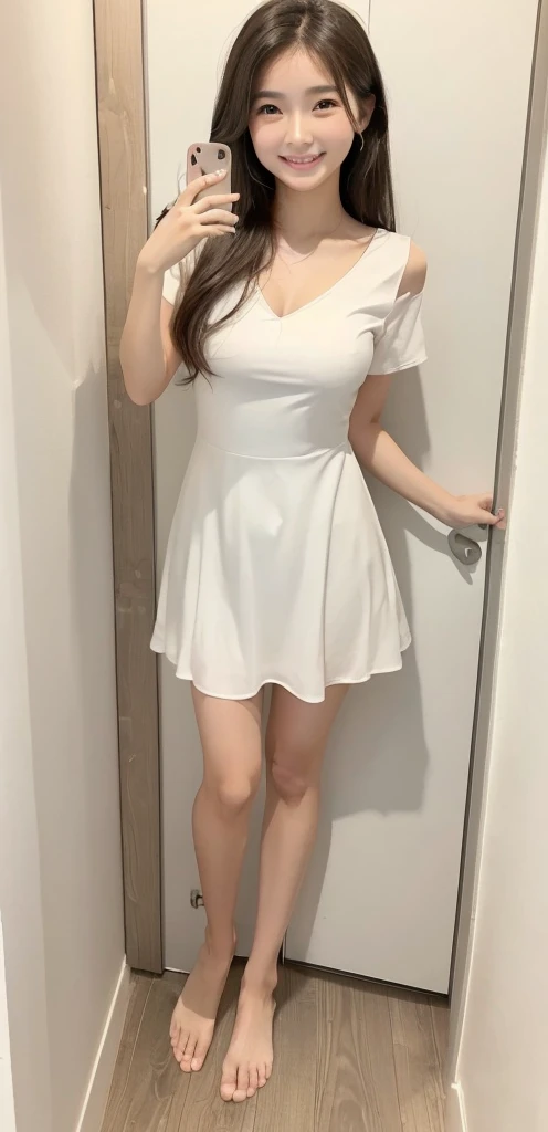 of the highest quality, Idol with slender body, front facing, Well-proportioned body, Exhibited, Event Hall, Moe Pose, White Maid Dress, Standing with legs open, Hands on hips, Model body type