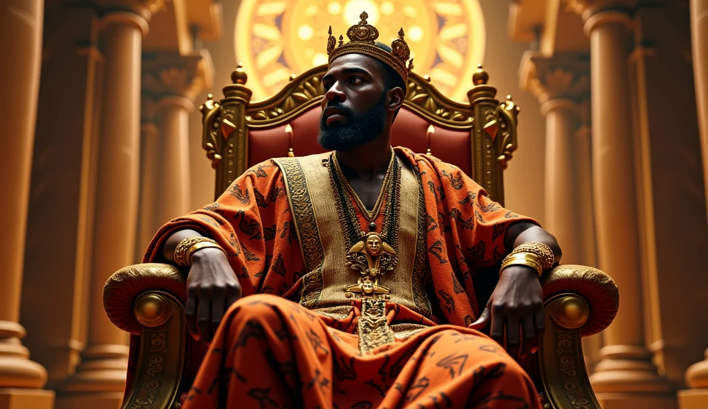 Male Orixa Yoruba, Wearing traditional white and light blue African king clothing, Sitting on a Throne in the Kingdom of Ife, Served by African nymphs 