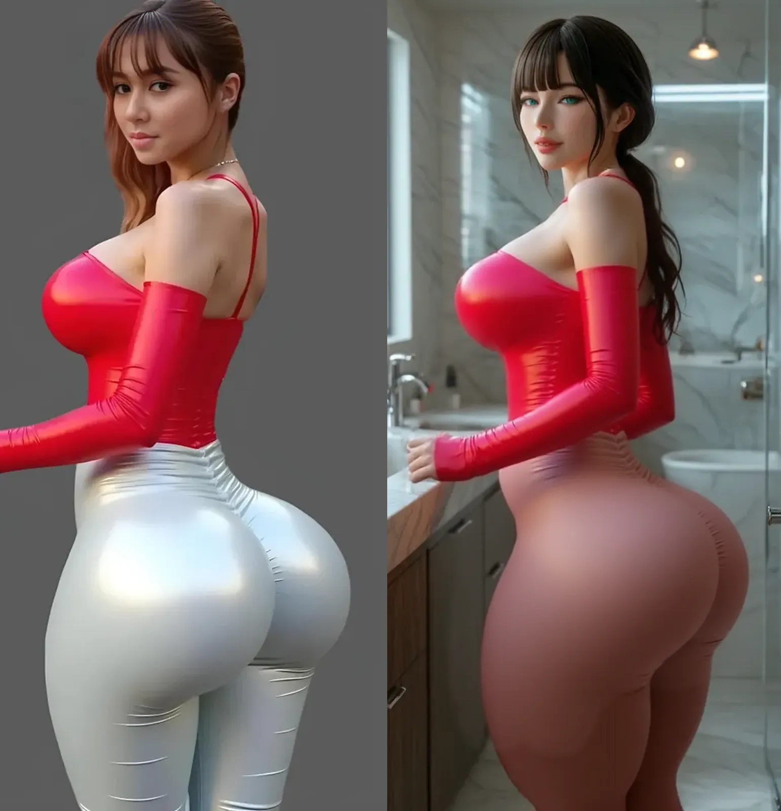 (a lot of cellulite), view from behind, full body image, 1girls, solo, wattson, masterpiece, highly detailed, blue eyes, detailed eyes, expressive detailed eyes, wide eyed, detailed pupils, short hair, completely in frame, topless, bottomless, pubic hair, wet , blush, plain background, pubic hair between legs, dark stubble between thighs, flat butt, no panties, bottomless, topless, (very long labiaminora: 1.6), hairyvagina, hairyvulva, longlabia, saggy butt
