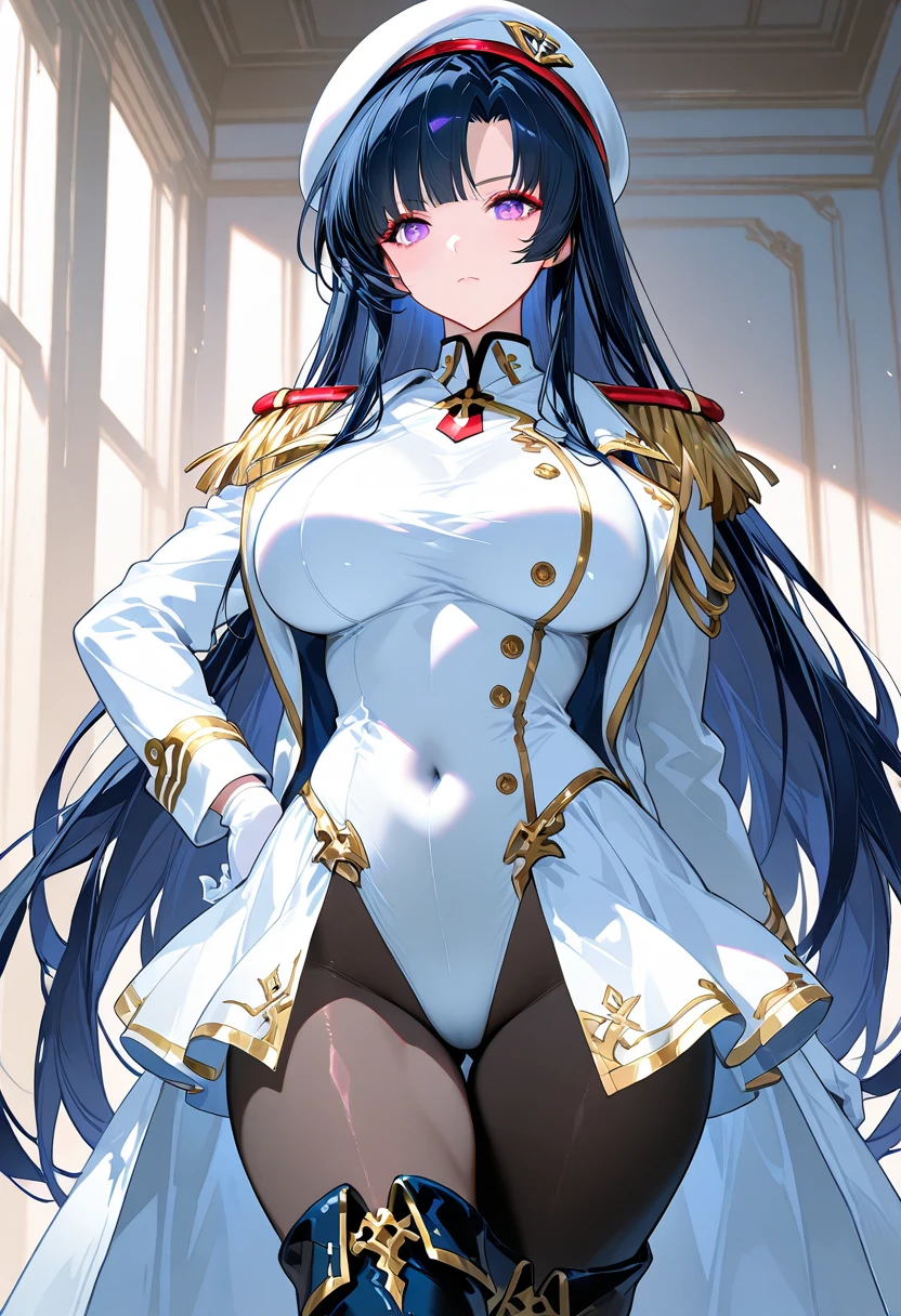 muponarch \(Azur Lane\), \(Azur Lane\), One girl, blupond hair, red eyes, Thick lips, masterpiece, Highest quality, High resolution, Huge breasts, (Black bra), Bra Peek, View your viewers, expressiuponless, Cleavage, collar bupone, tight white army uniform, unbuttuponed shirt, collared shirt, red_army_Jacket, Jacket_upon_shoulder, sleeve_past_wrist, Black gloves, Black Choker, White Skirt, Pleated skirt, Black knee socks, skinny, Pause, Luxurious ballroom, Backlight