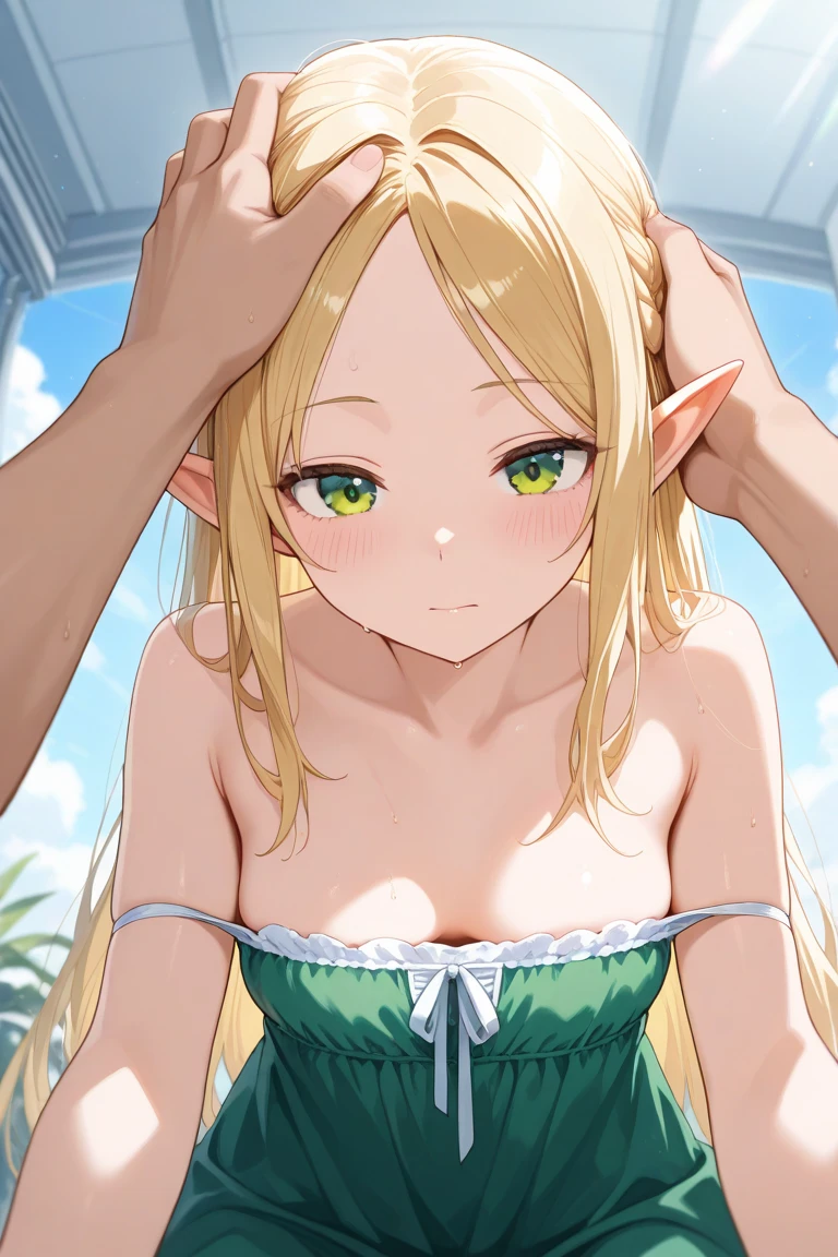 nsfw,((One man and one woman,Having sex)),on stomach,from behind,Small breasts,Bare Breasts,hair ribbon green hairband ,pointy ears,yellow bow green dress bare shoulders detached sleeves clothing cutout skirt green gloves,アヘ顔
