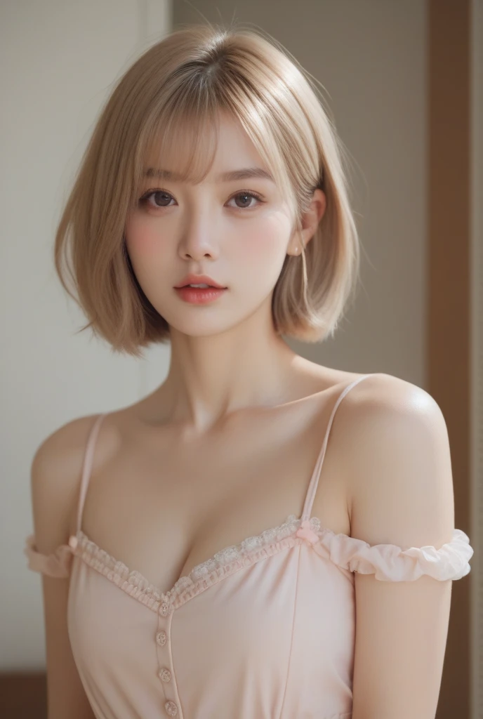 (8k), (Highest quality: 1.2), (Realistic), (Realistic: 1.37), Ultra-high resolution,Light pink lace underwear,photograph,(((とてもエレガントでbeautiful, Perfect detail, Very detailed))), whole body, Most detailed, Written boundary depth, 美しくdetailedなwhole body, Thin legs, 1 person, 20-year-old, Very short hair, blonde, beautiful detailed hair, Perfect Face, Expressionless, beautiful, detailed, Deep Eyes, Open your mouth a little, Delicate arms and hands, Pale skin, Earrings, HD background,, とても繊細でbeautiful, masterpiece, Beach,Browsing Caution