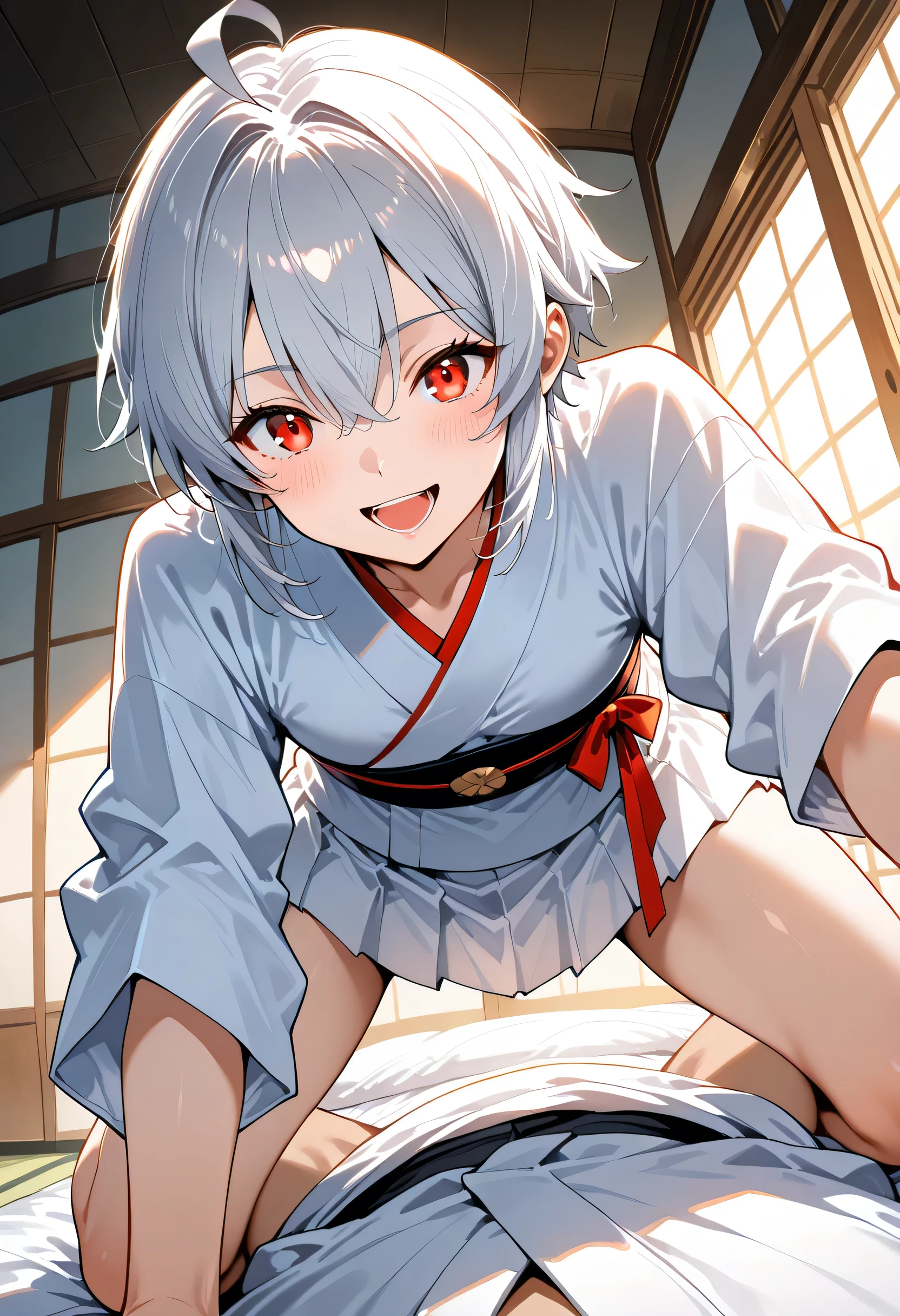 score_9, score_8_up, score_7_up, source_anime, masterpiece, solo, (()), ((femboy)), ((feminine male)), ((Ahoge)), White very-short hair, red eyes,((((white miniskirt kimono)))), kind smile, open mouth, BREAK POV, ((Japanese bedroom), on the futon, kneeling pose, cowgirl position on boy with shirt, looking at viewers, from below