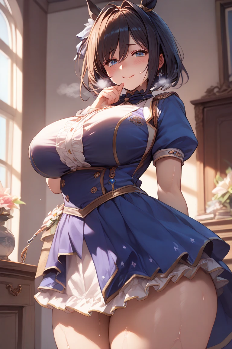 Lisa, genshin impact, 1 girl, alone, huge breasts, cleavage, hair between eyes, messy hair, large chest, long hair, looking at the viewer, brown hair, red short nails, green eyes, alone, Thighhighs, ((masterpiece)), maid dress, maidフク, maid, skirt, stockings, ribbon, maid uniform, sitting, bedroom, bed, pillow, window, night sky, blush, sexy pose, adult woman, sexy woman, thick thighs, close your mouth, half close eyes, put your hands on your breasts, Put your hands on your chest