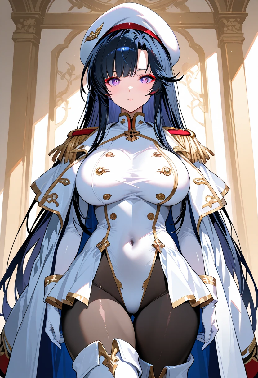 beautiful、masterpiece、best quality、highly detailed face、perfect lighting、big tits milf、big tits milf、big tits milf、solo、Kiryuin Satsuki、blue eyes、Purebred、long sleeve、epaulettes、belly button、underboob、huge breasts、cutting、dress、bra、gem、黄金のdress、skirt、thigh boots、cowboy shot、No expression、simple background
