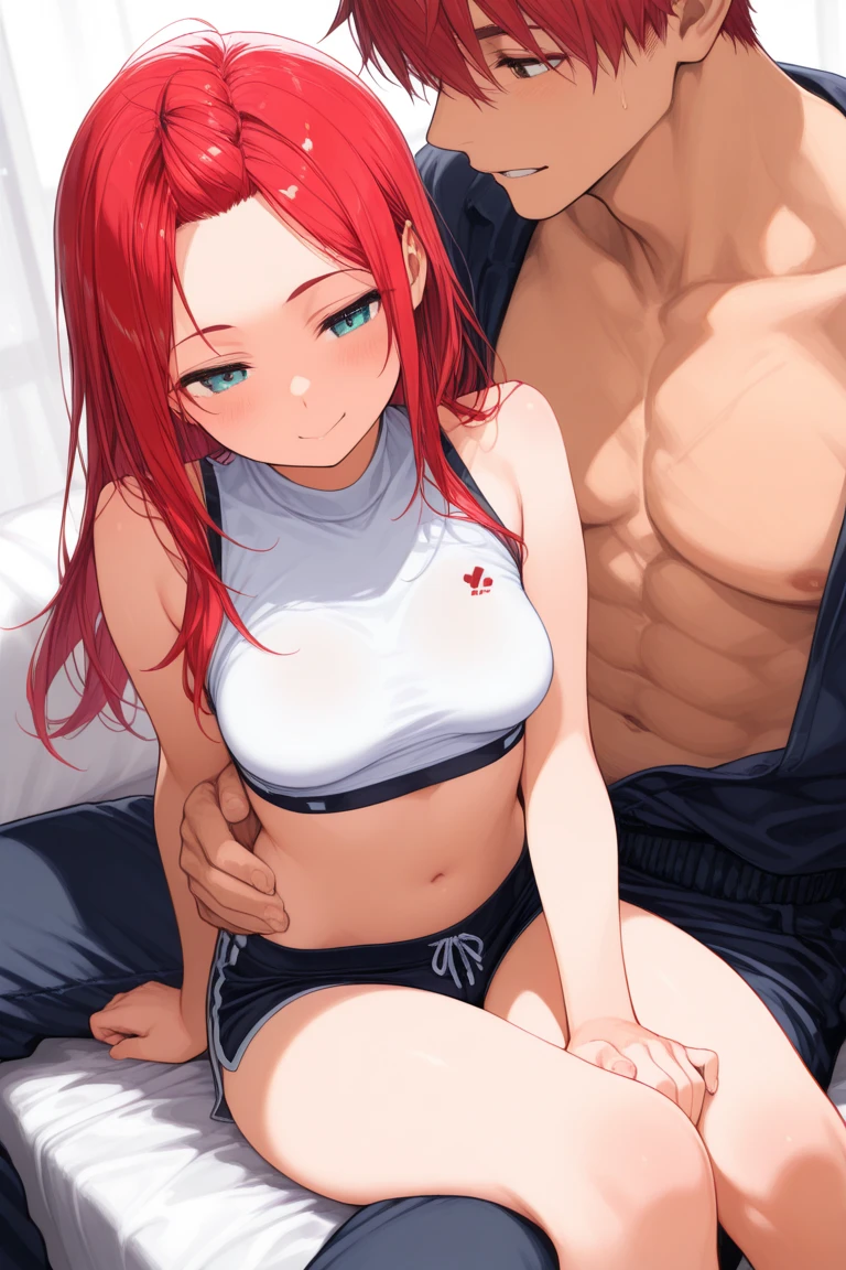 1girl, 1man, duo, a man with long red hair and green eyes and freckles getting force to mate with a girl with black hair, man get pinned by a girl, kissing, saliva, Drooling, blushed, pinned into the wall, hair pulling, aroused, shirtless man, man wearing sweat pants, girl wearing sport bra, girl wearing sweat pants,