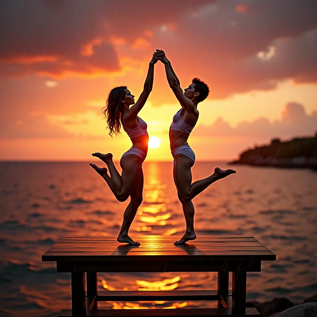 Close-up、Identical twin sisters、
「Sunset Yoga」
explanation: sundown、Sisters doing yoga poses on the beach。Their silhouettes stand out against the beautiful sunset.。
