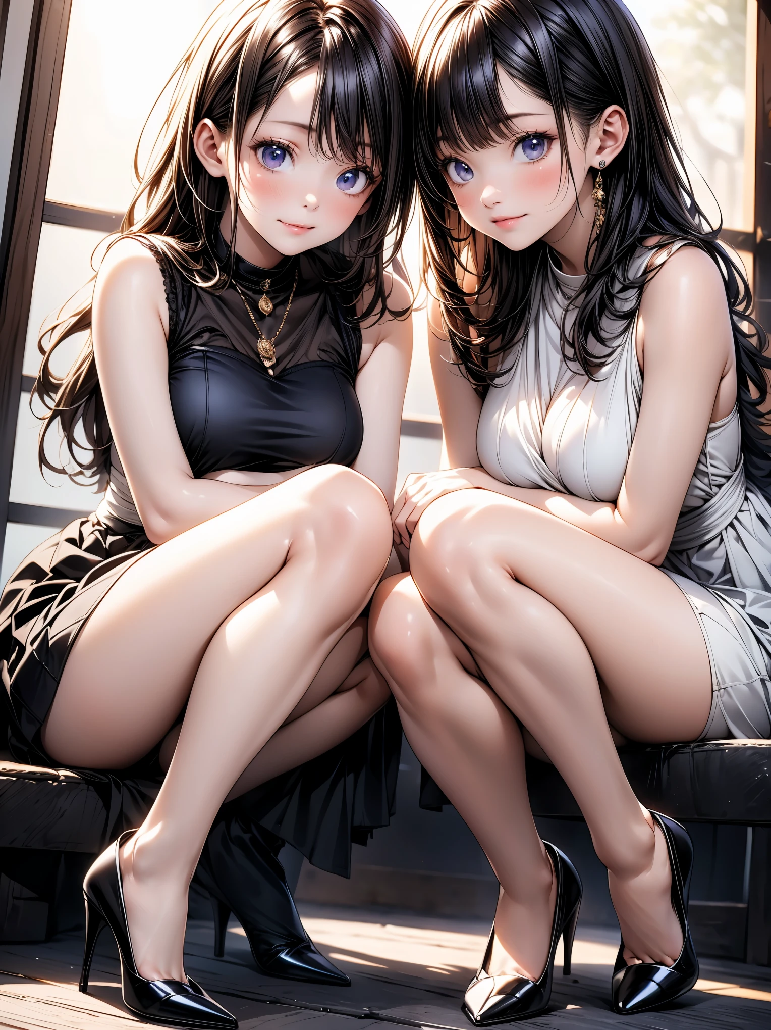 Cute, anime-style, facing each other, two girls staring at each other, change of clothes, privacy, intimacy, friendship, soft lighting, anticipation, delicate movements, vibrant colors, attention to detail, laughter, bonding, calm expression, beauty, quiet atmosphere, barefoot, simple background, closed room, light clothing, sheer camisole as loungewear.
