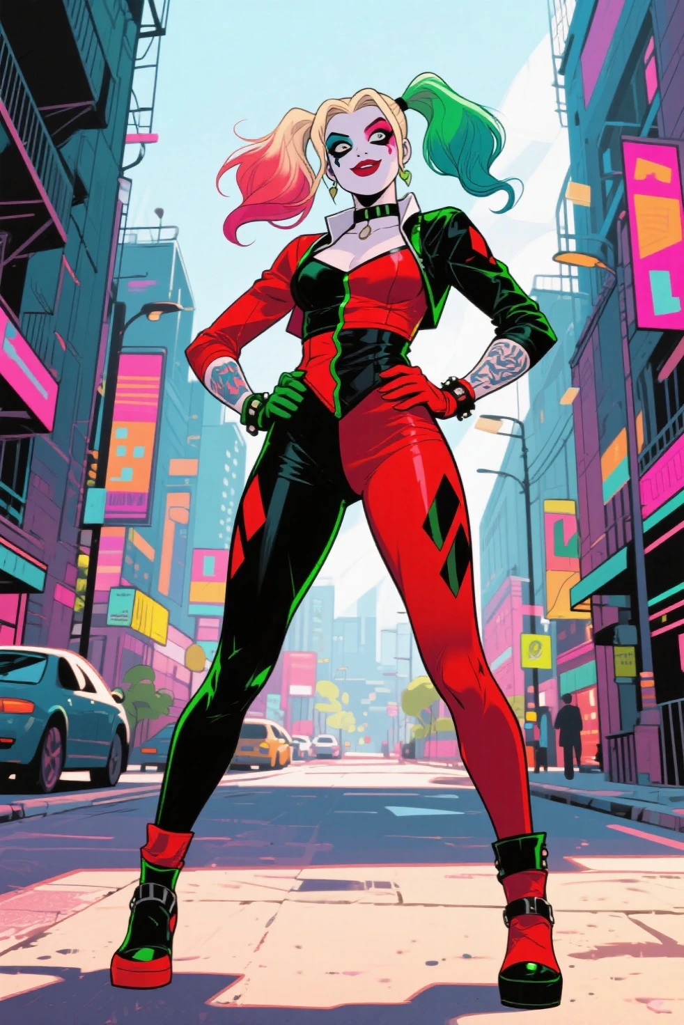 (masterpiece, best quality:1.2), <lora:harley_quinn_(rebirth):.9>, harley quinn (rebirth), 1girl, solo, twintails, shorts, jacket, blonde hair, multicolored hair, gloves, makeup, breasts, fingerless gloves, navel, blue eyes, midriff, lipstick, pink hair, sneakers, shoes, knee pads, short shorts, cleavage, gradient hair, colored skin, over-kneehighs, pale skin, choker, medium breasts, open jacket, thighhighs, nail polish, white skin, red nails, asymmetrical legwear, crop top, from behind, full body, standing, outdoors