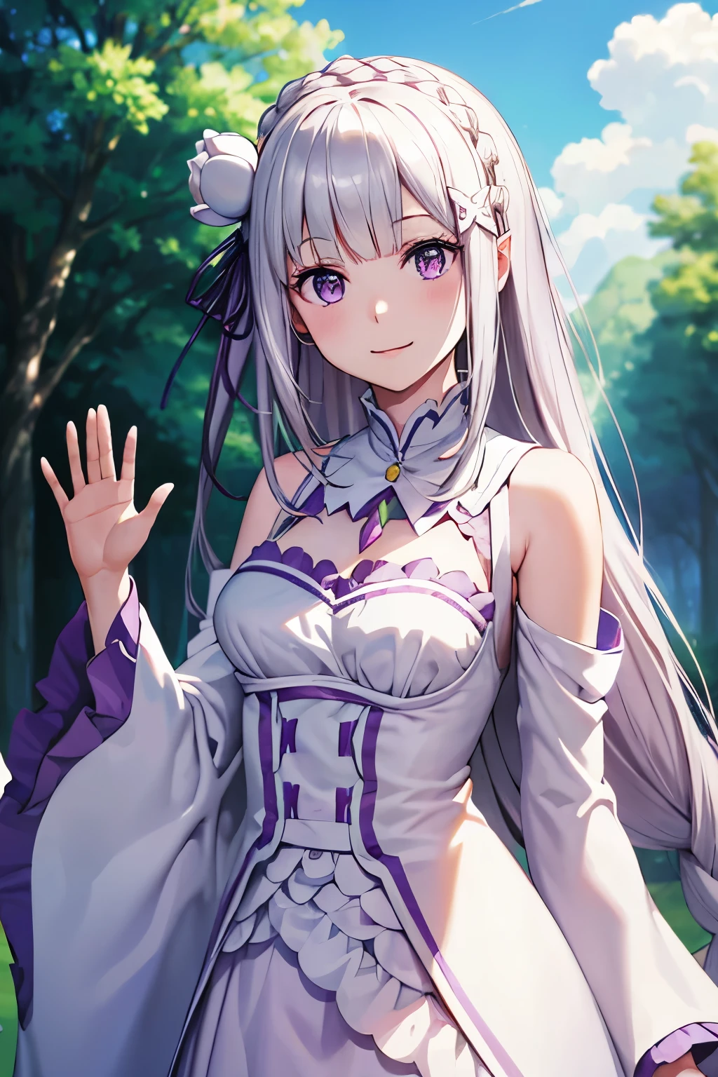 (masterpiece:1.3), (best quality:1.1), (8k, ultra detailed, ultra high res:1.2), ((anime style)), (perfect 5 fingers:1.1), (perfect anatomy:1.1),
1girl,
emilia\(re:zero\),
long hair, low-tied long hair, braid, crown braid,
white hair,
purple eyes,
(pointy ears:0.8),
flower, hair flower, hair ornament, hair ribbon, white flower, x hair ornament,
BREAK medium breasts,
dress, pink dress, bare shoulders, detached collar, long sleeves, shoulder cutout, wide sleeves, white sleeves,
(light smile:1.3),
looking at viewer,
upper body,
BREAK standing, (Waving hand:1.3), outdoor, forest, sky, summer, particle,