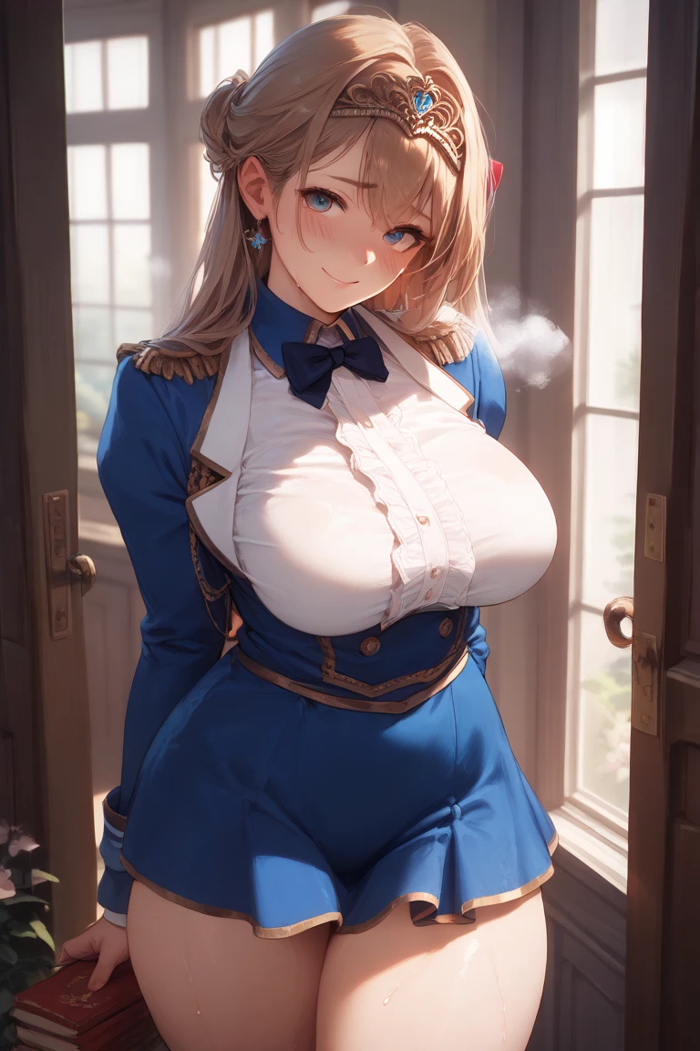 mastute piece,Best Quality,insanely detailed,8k cg,nsfw,
(shoot upper body:1.3),
(1girls:1.3),standing,looking at viewr,body in front,((both arms behind back:1.4)),(military ornaval uniform:1.4),(bare breasts:1.4),break,
blush,shy,(ecstasy face),(trembling:1.2),break,(light blonde hair:1.4),
break,
perfect breasts,perfect teats,(open mouth:0.9),(large breasts:1.2),
(military base room:1.1),