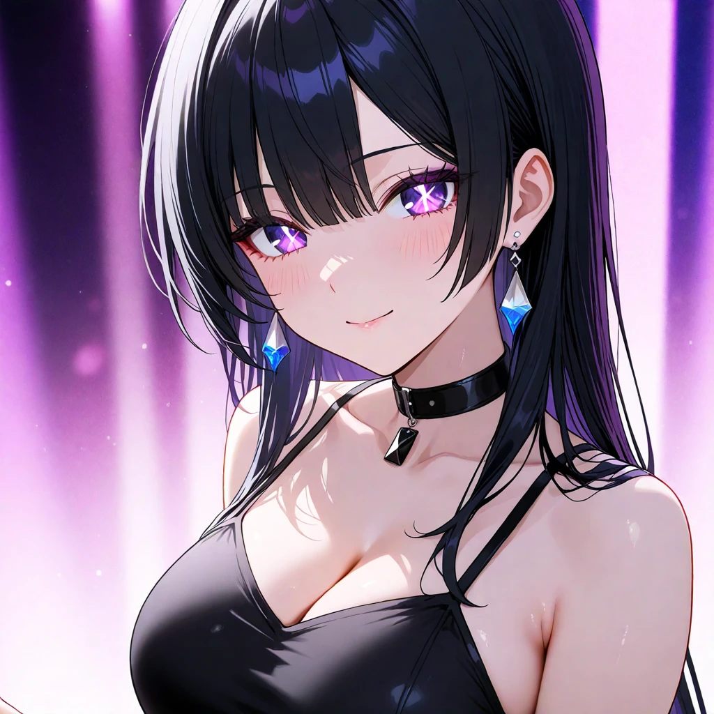 (A superb exquisite Chitanda Eru), (mature face), intricate details, (finely detailed beautiful eyes: 1.2), purple eyes, long black hair, natural straight hair, straight bangs, solo, [Small_breasts: large_breasts: 0.5], extremely delicate, peerless beautiful girl, dreamy quality, solid color, bright lips, slender waist, straight curves, soft lights and shadows, super fine, 8K HD, (masterpiece:1.4), (((timid smile, lights on stage, idol, rock clothes, portrait)))