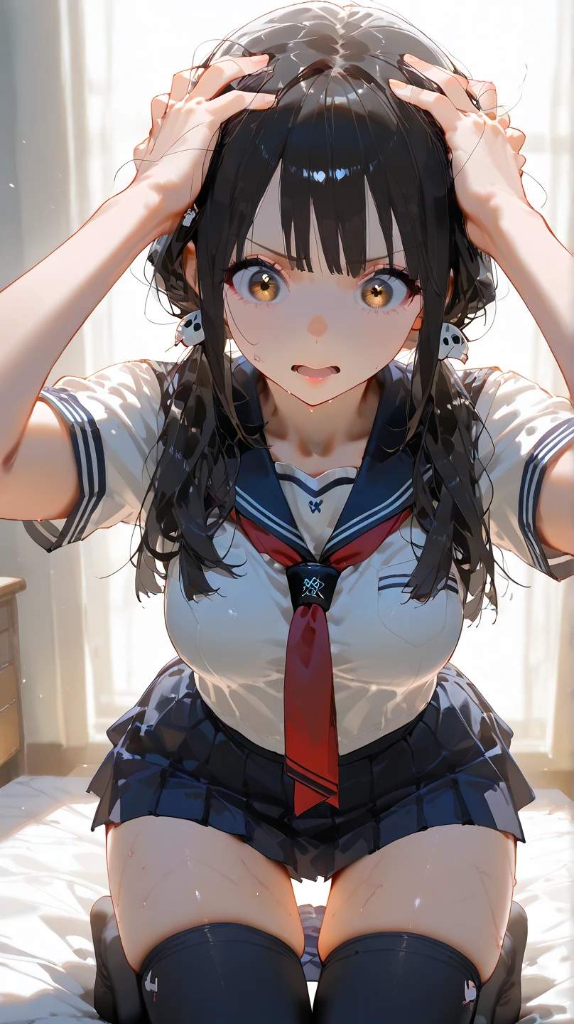 1 girl, strapped to a sex machine, (sex machine:1.5), (crying:1.5), ((inside basement, torture room)), ((full blush:1.5)), (heavy breathing:1.5), (moaning:1.5), (teary eyes:1.5), (crying:1.5), crying, rolling eyes, drooling, (sailor uniform, short sleeves, mini skirt), sex machine, restrained, (restraints:1.5), perfect body, perfect face, detailed face, beautiful eyes, detailed eyes, provocative, big thighs, super detail, 16k, masterpiece, full body, centered, arms stretched, (open legs:1.5)