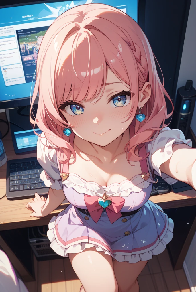 Anime illustration in the style of Tokyo "Kyoto Animation", Highest Quality, (Cute: 1.1), (Cute), (High resolution: 1.2), Incredibly ridiculous: 1.3, incredibly fine illustrations, Break 1 Beautiful Girl、独奏,Small horns、Short hair、Big eyes、oh、Closed mouth、Bold piercings、Choker、Colorful and bold plaid sleeveless mini dress:1.5,Shoulder out,D Cup、(Pink Kawaii Room),(Pink Gothic Room),(Messy room, Marchen,bow ribbon,humanoide,Small window, (Heterochromia, light blue eyes and light green eyes),Silhouette of the eyes of the stars、 Solo, Standing figure, Happy, :D, Princess Eyes, Big breasts, BREAK ,Braids、Light pink hair、Semi-long hair、Red ribbon at the end of braids、Angle from the side、((Looking at the PC with the butt sticking out))、Looking at the iPhone、Cute panties、Cute string panties、Office、I'm worried