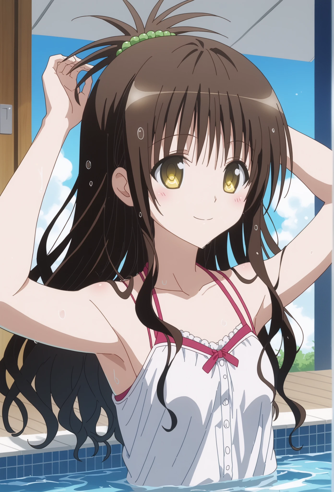 1girl, yuuki mikan, brown hair, yellow eyes, hair ornaments, long hair, , wavy hair, small breasts, , looking at viewer, , indoors, bikini,smile,socks