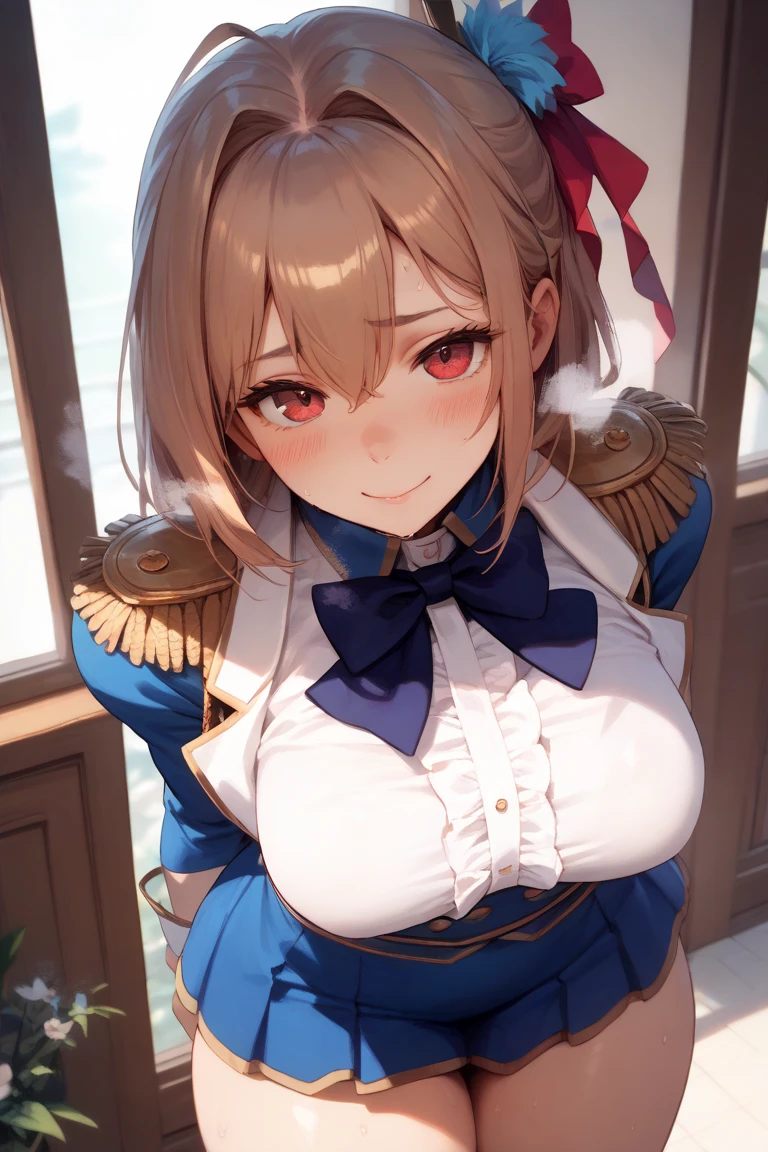 1girl, best quality, purple eyes, blonde hair, short hair, beret, military uniform, medium breasts, young, warm smile, coat, indoors, short_hair, blush, bangs, breasts, bow, hair bow, cross, purple eyes, iron cross, open mouth, hair between eyes
