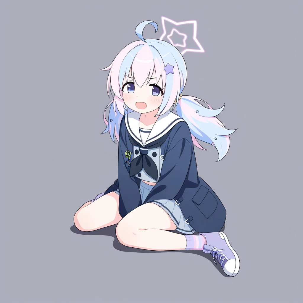 reisa \(blue archive\),1girl, star_hair_ornament, solo, star_\(symbol\), halo, striped_socks, sneakers, blush, sitting, tearing_up, long_sleeves, looking_at_viewer, bandaid_on_knee, ahoge, low_twintails, pleated_skirt, jacket, hugging_own_legs, simple_background, white_sailor_collar, grey_skirt, serafuku, pink_footwear, tears, border, pink_socks, closed_mouth
<lora:reisa_(blue_archive)_image894_2023-11-28:1>halo. gorgeous,key visual, vibrant, studio anime,award-winning, professional, highly detailed,high budget, cinemascope