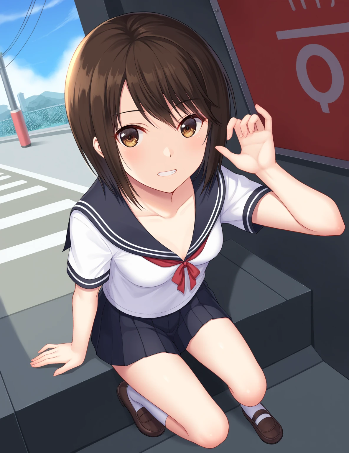 schoolgirl, Brown hair, Medium hair, Sailor suit, (Naked:1.1), Nipples (Blushing:1.0), Detailed face, Roadside, POV crouching,Expose the inside of your legs,