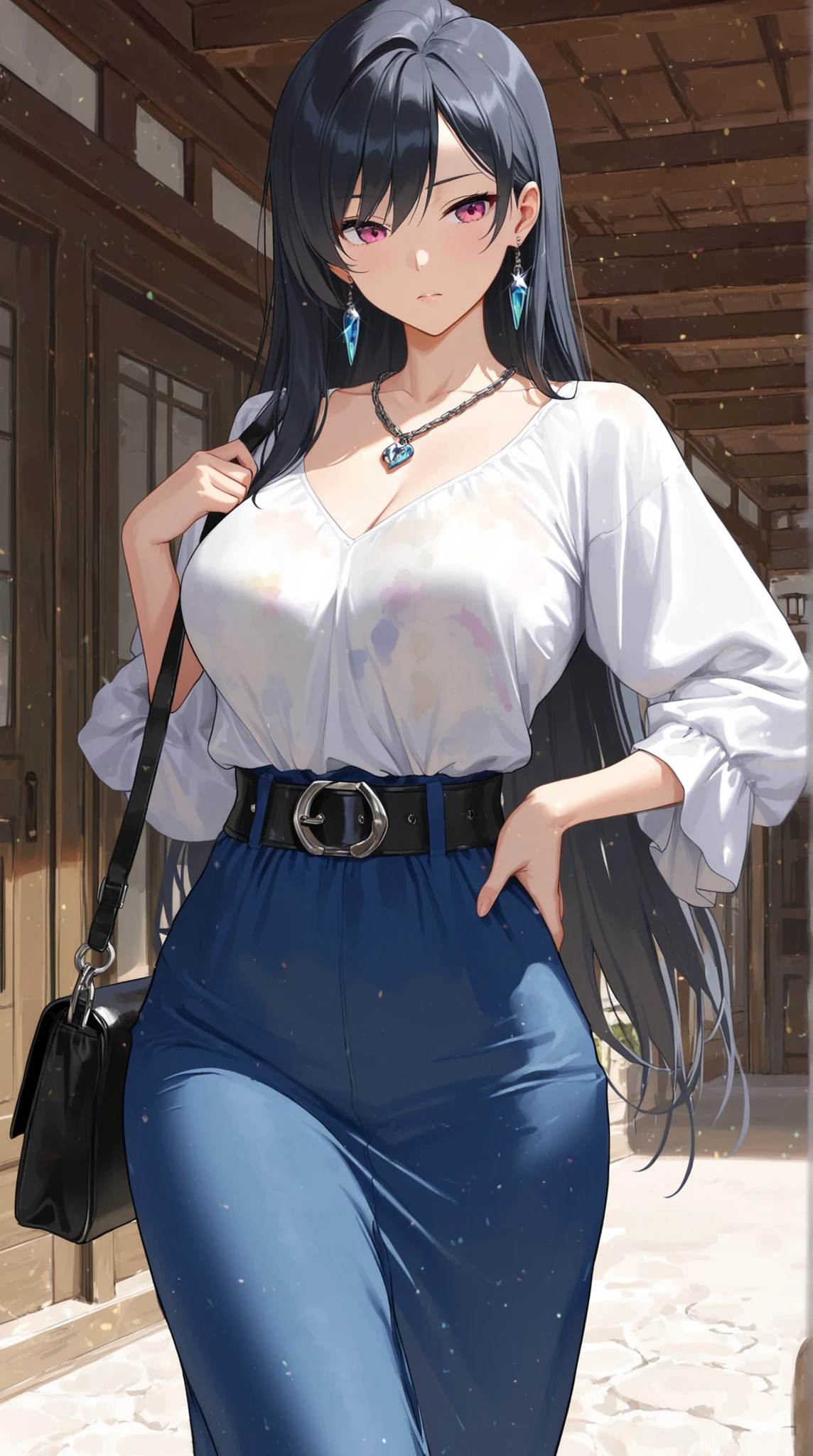   (( Highest Quality)) , ( ultra high resolution) , ( very well detailed) , ( detailed explanation ) , ((  best CG  )) , ( best artwork ) ,  Ultra Precise Art  , Amazing Painting Art , ( Exquisite Art:1 . 5) ,female, shoulder bag, earrings, chain pendant, sash belt,