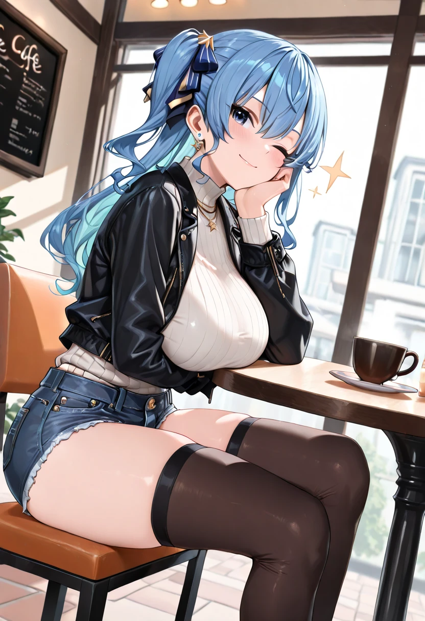 masterpiece,1 girl,alone,long hair,blue hair,hoodie,off shoulder:1.2, mob cap, Cafe,put your hand on your chin,leather jacket,naked pussy tits naked nipples