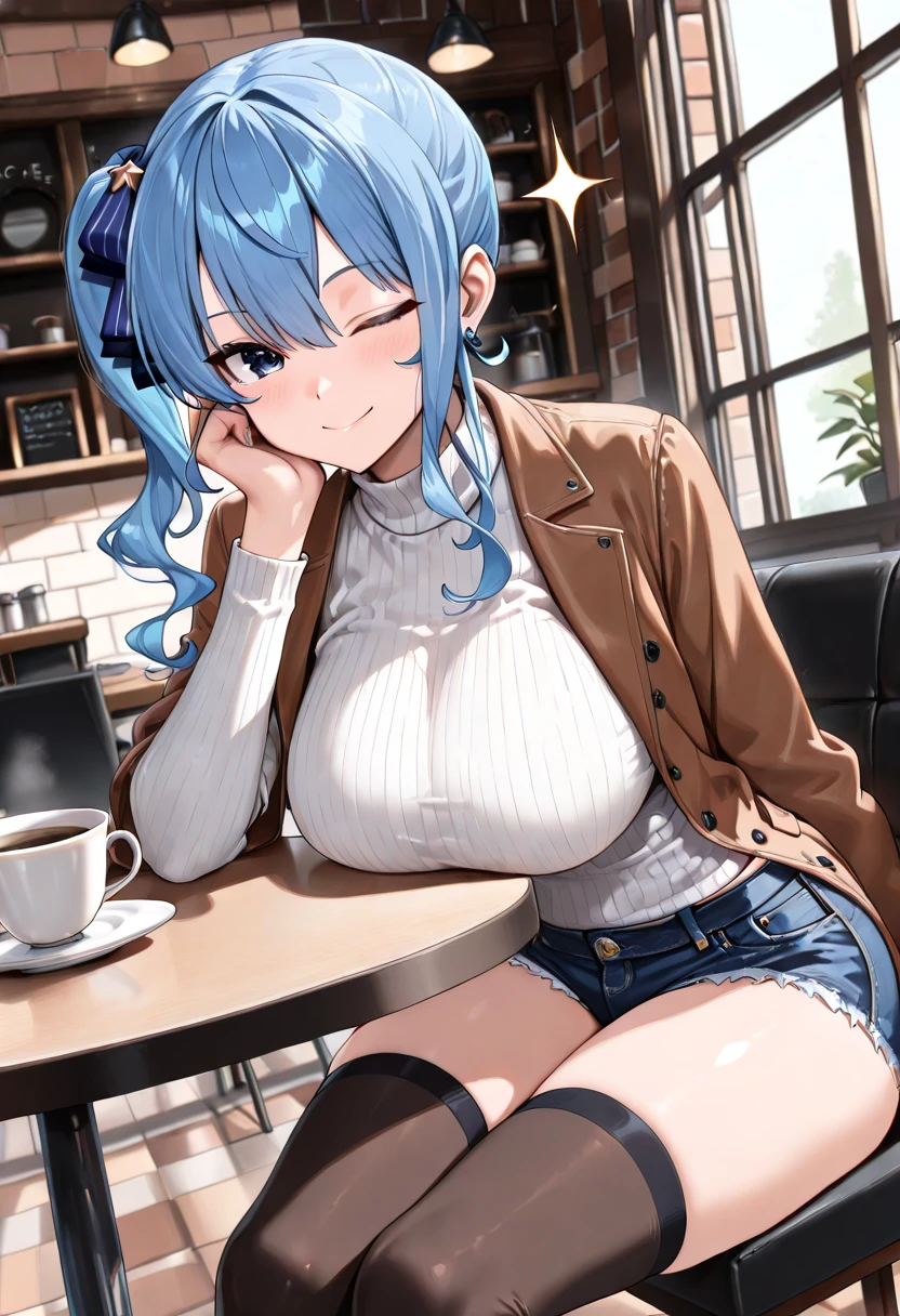 Anime Moe Art Style,highest quality,High resolution,Anatomically correct,One Girl,Mid-teens,A girl with light blue hair in a ponytail,Super detailed,Fantasy World,Cold weather clothing,Big Breasts,A rich expression,A cold look,Resting her breasts on the table,Rubbing his hands together,Ice-covered continent,Eyes drawn in detail,8K