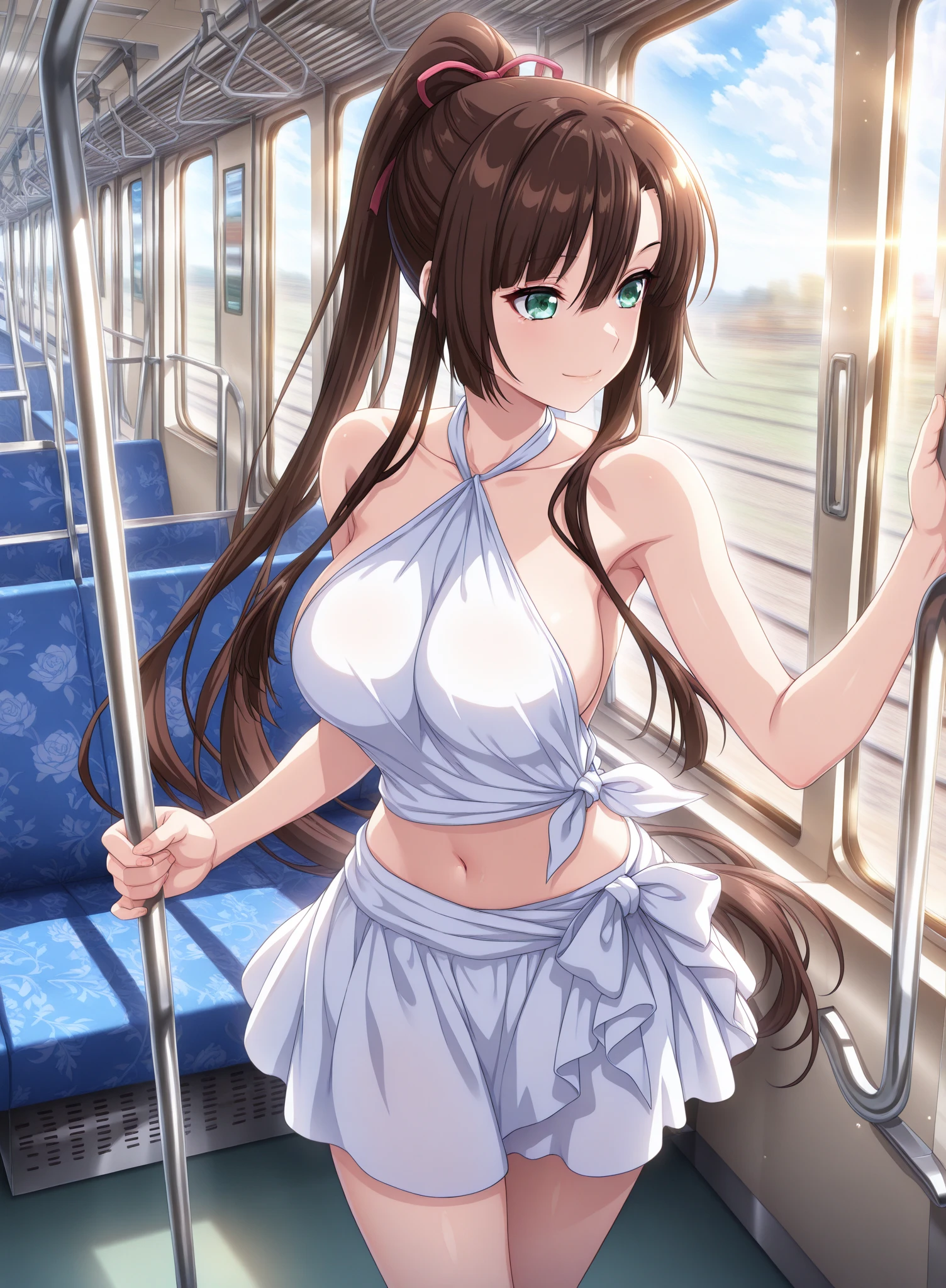 satin, silk, panty, (High quality, High resolution, Fine details), setting sun, Backlight, A straight stretch of railroad track, White Dress, White Hat, solo, curvy women, light brown hair, sparkling eyes, (Detailed eyes:1.2), smile, blush, Sweat, Oily skin, shallow depth of field, Fantastic