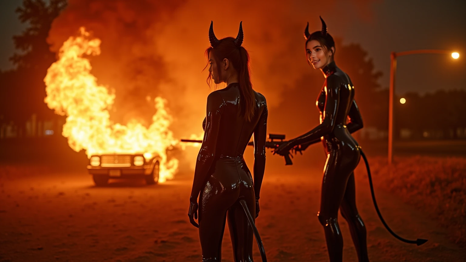 she is a demon, walking her cerberus in the dark place