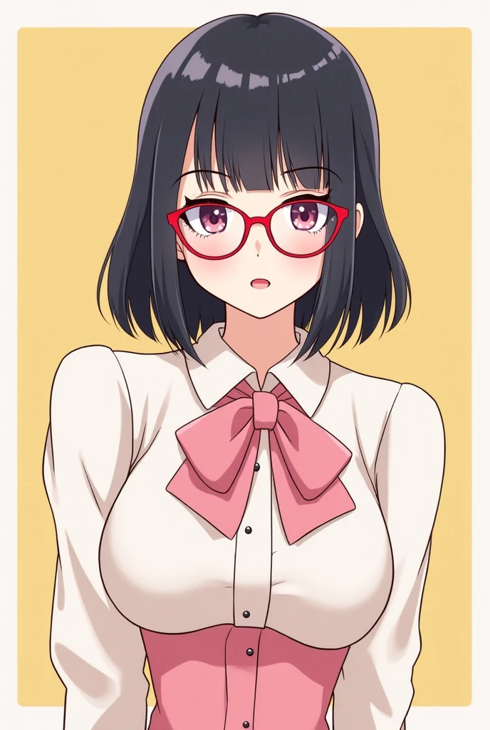 In town,Small breasts that can be rolled up,Black Hair,short hair,Green Eye Glasses,(Shocking pink plain polo shirt, Short sleeve), (High resolution, high quality:1.1), Intricate details, 1 girl,(blush,Embarrassing)There are a lot of people around me, black pants, red chest