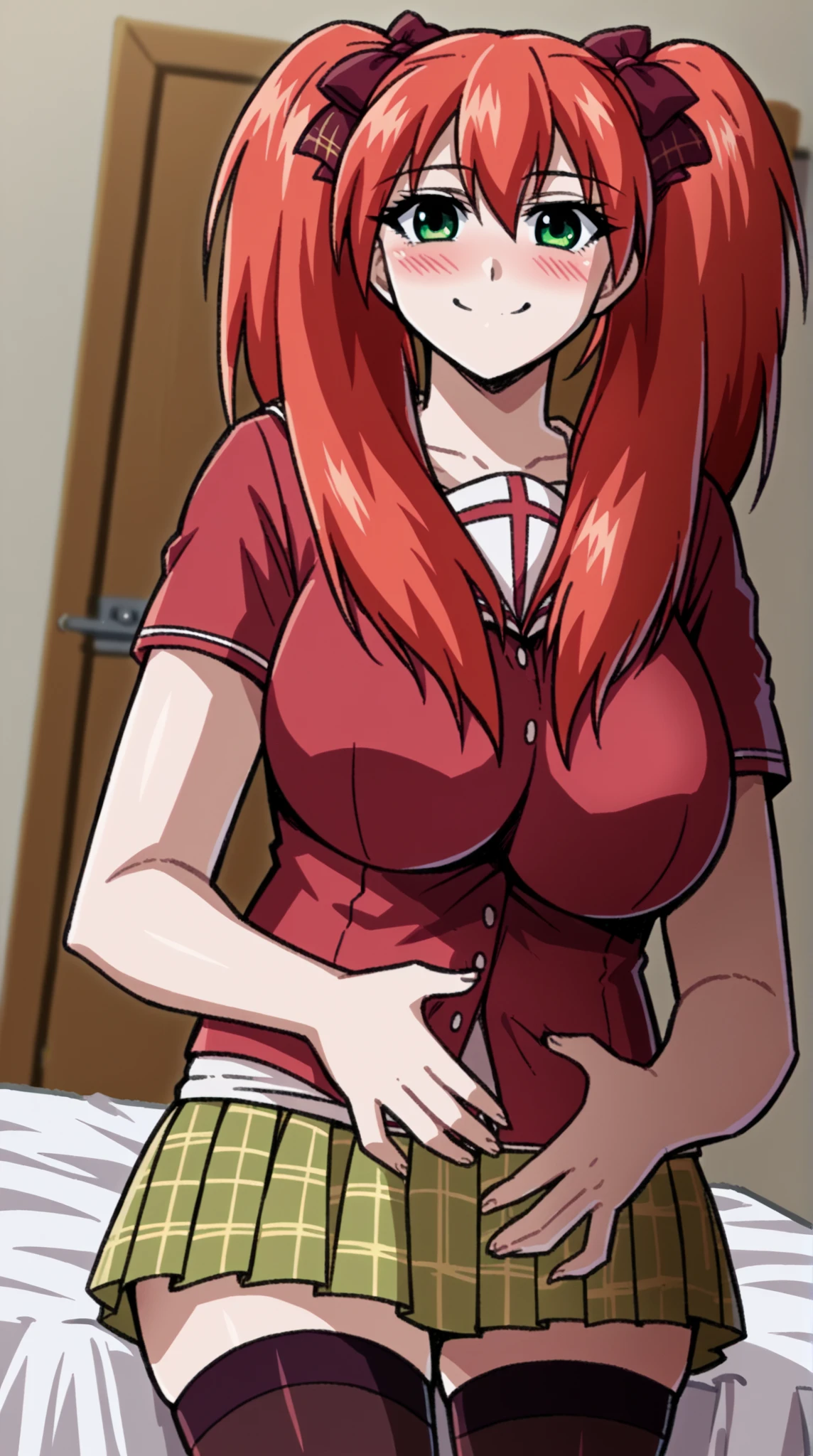 highly detailed, seductive erotic female with horns, skin tight shirt, (busty, boobs are so massive shirt keeps busting, red hair), centered on the face, face focused, intricate eyes,