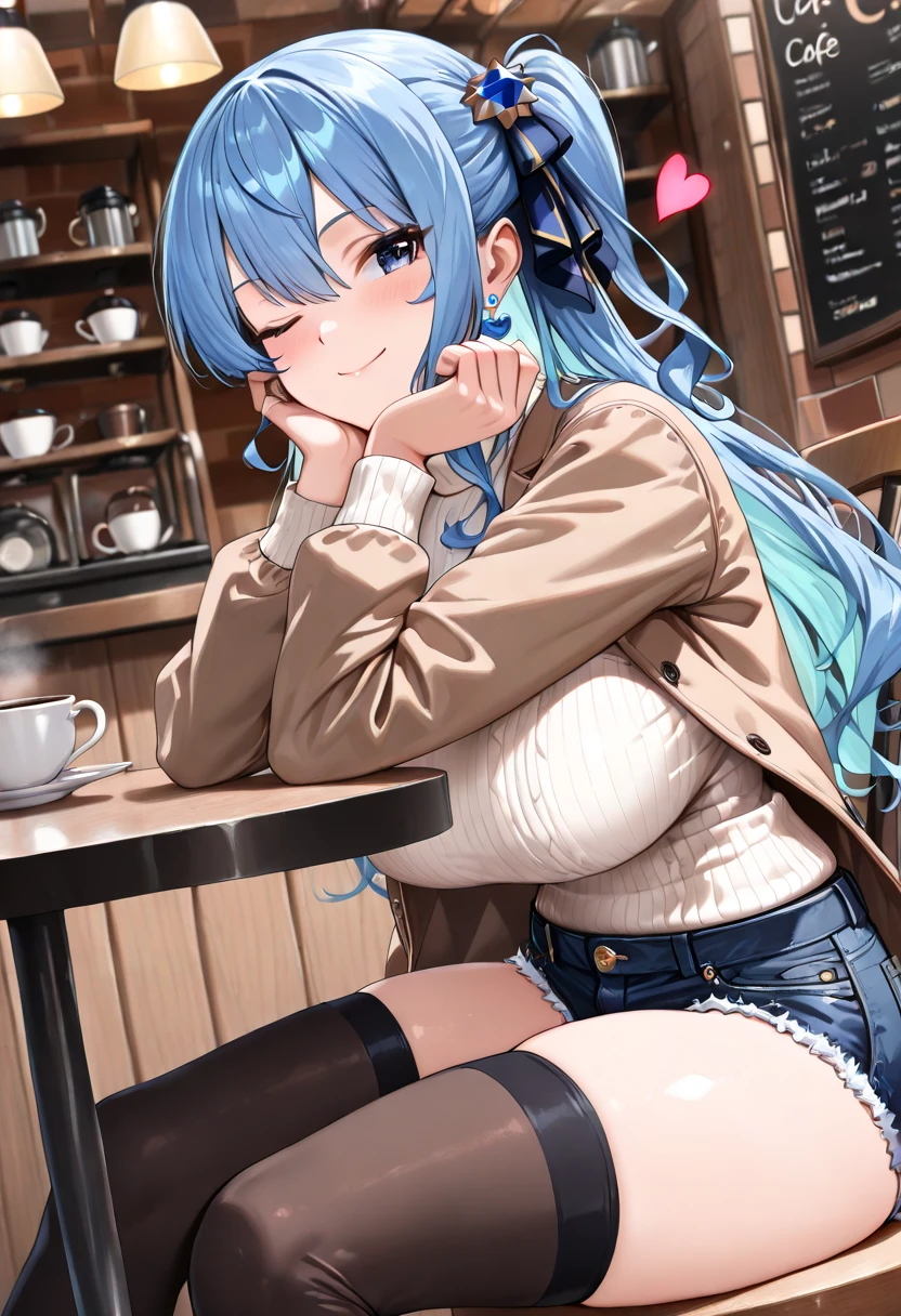 masterpiece,best quality,intricate details,
1girl,blue hair,sitting,from behind,ass focus,black pantyhose,looking back,white shirt,
indoors,chair,bar,cann,