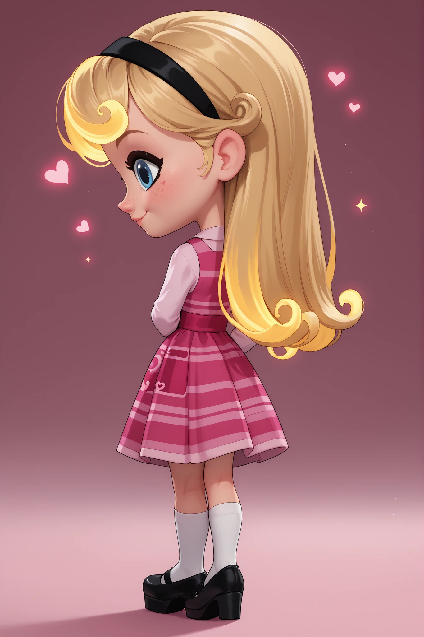 1girl , full body , solo , penny peterson , long hair , blue eyes , freckles , blonde hair , skirt , hairband , black hairband , white long tube socks , dress , pink dress , long sleeves , black mary janes, cute smile , arms behind back, ,sideview, pink background, sparkles, hearts, neon lights, ,glowing, glowing hair , chibi