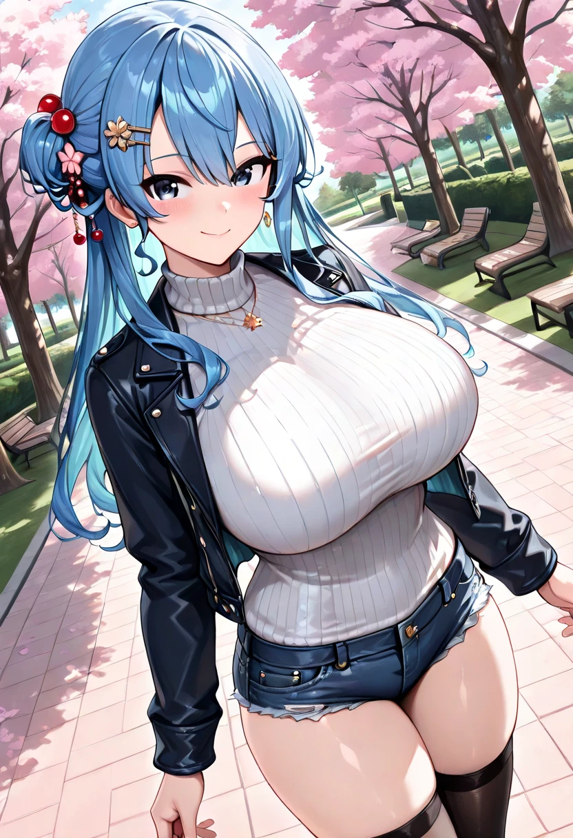 (masterpiece), best quality, expressive eyes, perfect face, 1girl, solo, huge breasts, , hourglass figure, milf, mother, long hair, wavy hair, (light blue hair BREAK light blue eyes BREAK) lipstick, smile, closed mouth, blue overalls BREAK yellow shirt BREAK blunt bangs, standing, birch tree, birch forest, day time, looking at viewer