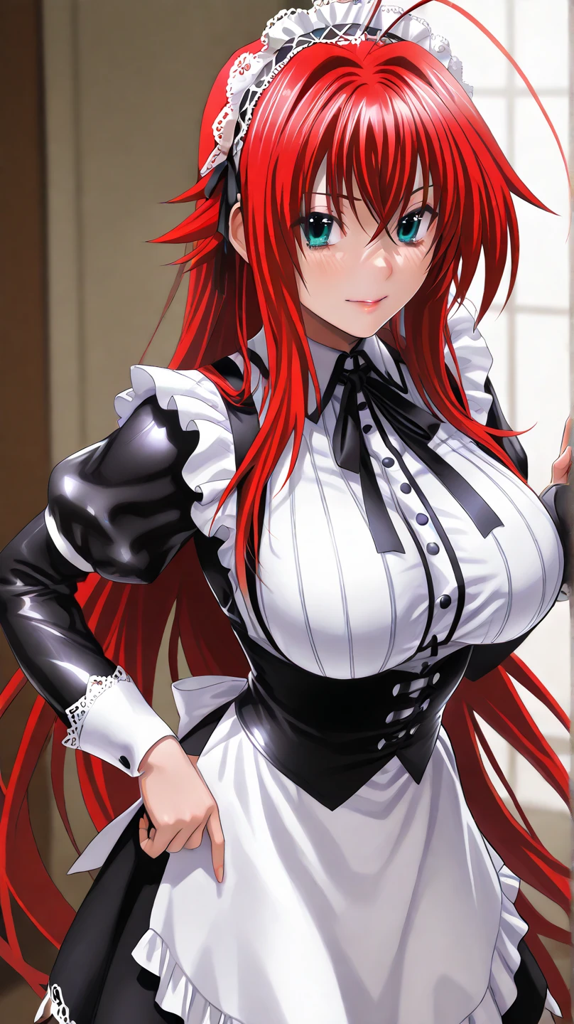 ((masterpiece)), ((best quality)), ultra detailed, detailed background, orange hair, Long Hair , green eyes, thin eyes, extreme large breast, long hair,, highest details, sexy, focus, Alluring, long legs, ((breasts shot)), (((wearing a maid cosplay ))), hentai style, sensual smile, erotic, erotic body, sexually suggestive, hentai body, sensual pose, naughty face, aroused body, , (tits focus)),