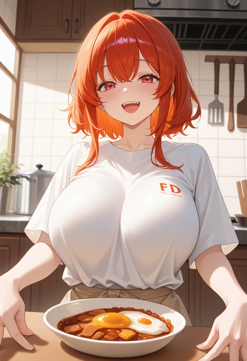 woman orange hair big breasts t-shirt nipples thick legs izakaya penis blowjob smiling face red nympho spread legs to show genitals cum in mug cum swallow BUKKAKE fuck sexual