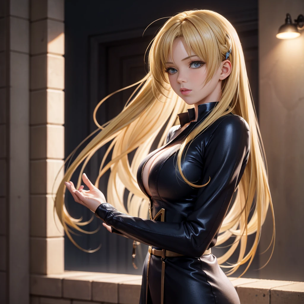 Maetel、One 19-year-old woman、Long golden hair、Put your hands behind your back,Black coat、Kneel,His hands were tied behind his back,Golden Handcuffs,Gold chain,Golden Collar,Big Breasts、Large Breasts、Hands are tied in handcuffs,Tears flow,