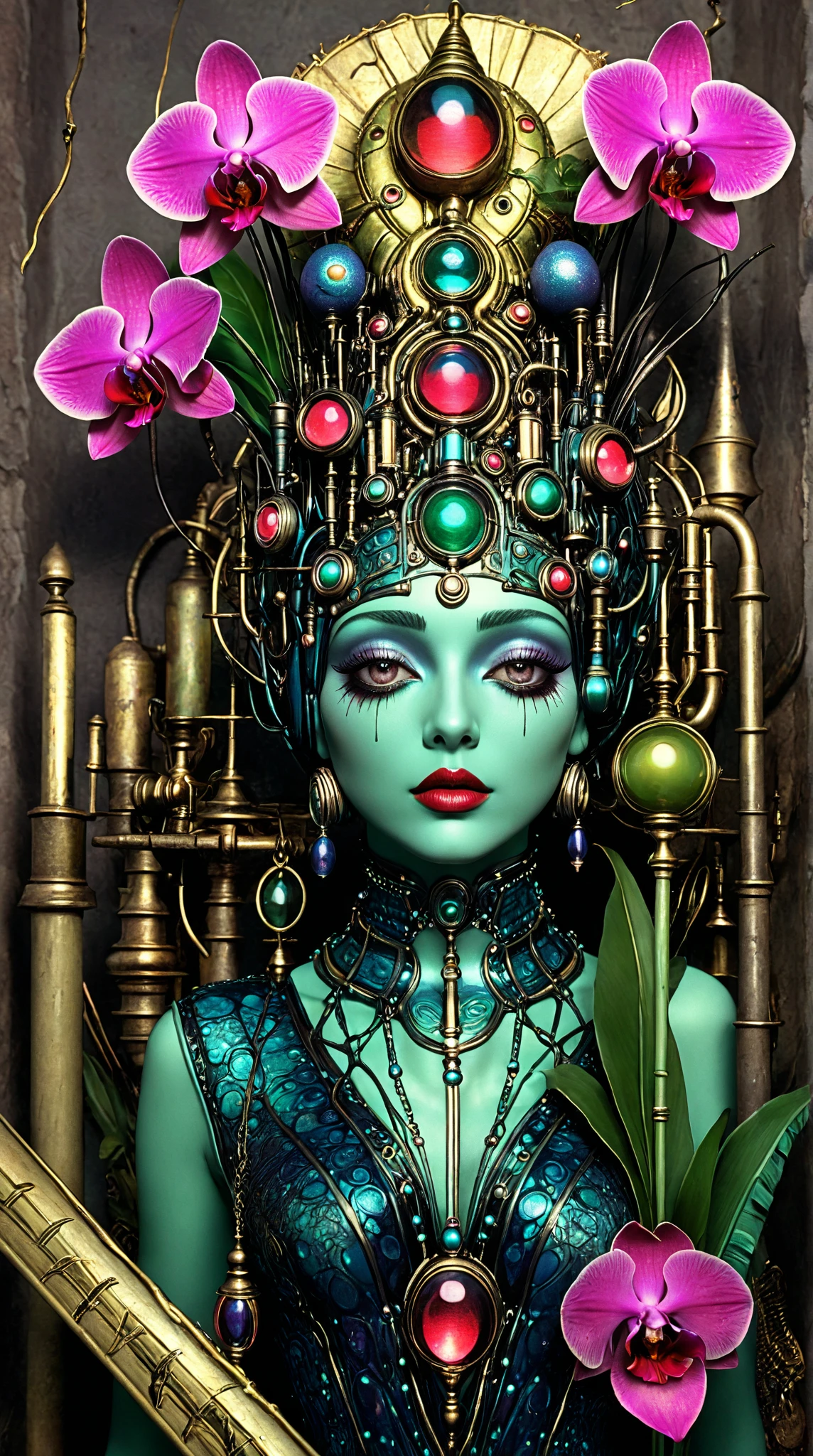 The face of a robotic geisha made of black obsidian, half in shadow, the reflection of a window on the surface. Style by Zdzislaw Beksinski, purple colors, brightly illuminated by thousands of colored crystals, translucent bubbles, large turquoise eyes, perfect eyes, top quality style by Ralph Blakelock, Ed Emshwiller, Marianne Wroten, Arthur Rackham, Niko Anttila. Yellow and Red are standing next to each other. Beautiful cinematic impressionistic painting, Dark dramatic character, in the style of Jeremy Mann and Charles Dana Gibson, Mark Demsteader, Paul Hadley + concept art, Spring, Very beautiful, gouache, cinematic, calligraphic lines. Dark, creepy, mysterious, modern vintage, rich deep colors, boho style, beautiful patterns, illustrations in a fashionable style. hyperrealistic photography, --niji 5 --ar 2:3 --expressive style --v 5.
