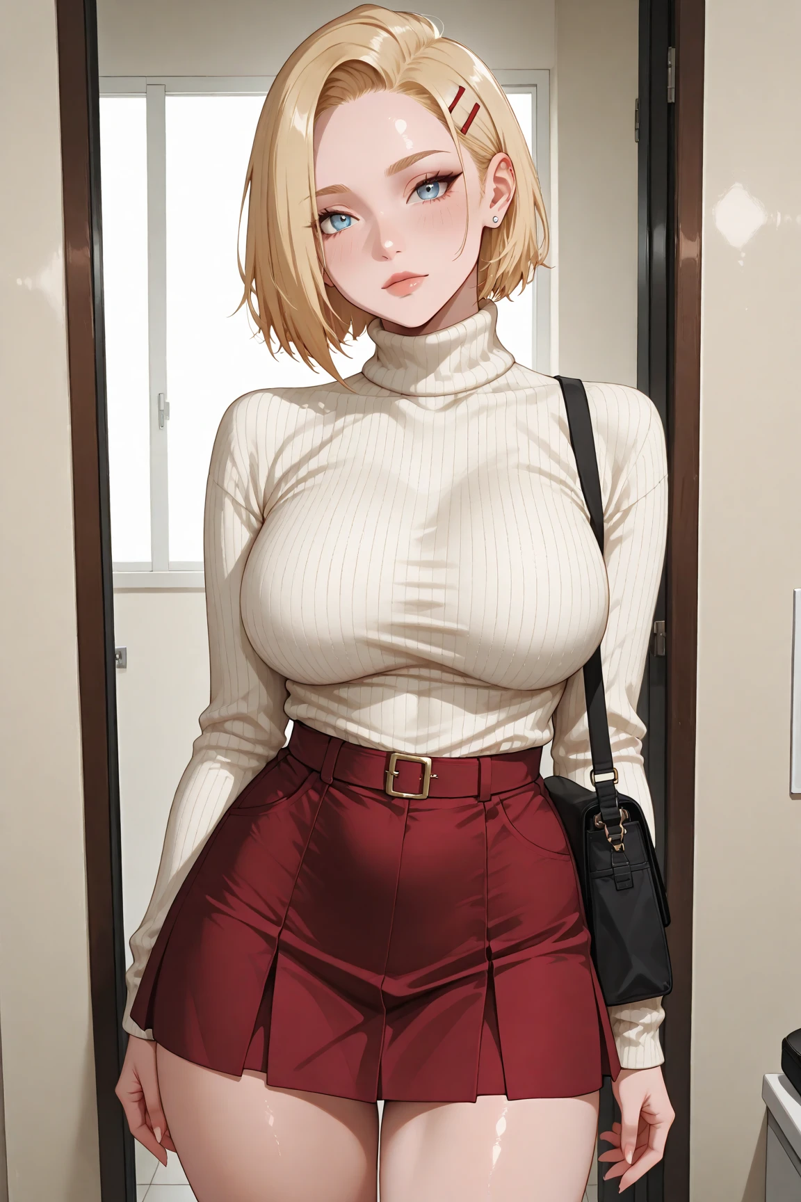 High resolution, Very detailed, perfect lighting, beautiful detailed eyes,   ((masterpiece,Best Quality)), absurdities, alone,     princess zelda, by the width, crown braid, Hair clip, pointy ears, Red shirt, long sleeves, Gloves without fingers, black gloves, Black pants, tight pants, smile, curves, nod,   ,  deep neckline, deep neckline, bare breasts, bare breasts, NSFW, visible nipples, visible nipples, Red shirt