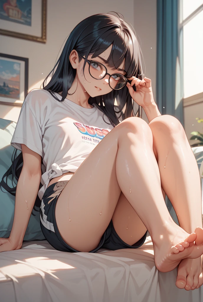 (super flat, flat shading, flat color:1.1)、An illustration、(One Asian boyish girl)、(cute:1.2)、Very beautiful 14 year old girl manga、cheeks are red、(high detail skin: 1.2)、Photorealistic anime girl rendering、Realistic anime 3D style、beautiful brown hair、intense black eyes、strong eye highlights、(get used to it、Medium chest)、perfect anatomy、hair is dirty、(sweaty)、Pale pink underwear、(wet with water)、spread your legs、head tilt、sit on the sofa、volume lighting、light from the front、bright、bright色、watercolor painting、hair band、frills、round glasses、Camel claws, belly button