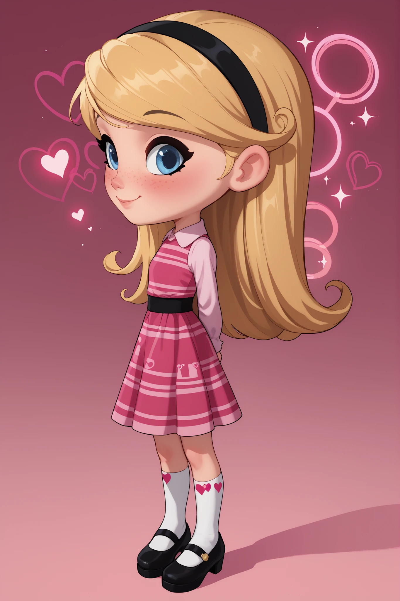 1girl , full body , solo , penny peterson , long hair , blue eyes , freckles , blonde hair , skirt , hairband , black hairband , white long tube socks , dress , pink dress , long sleeves , black mary janes, blush、shy、Satisfied smile, cute smile, ,cute pose、arms behind back, ,sideview, pink background, sparkles, hearts, neon lights, ,glowing, glowing hair , chibi
