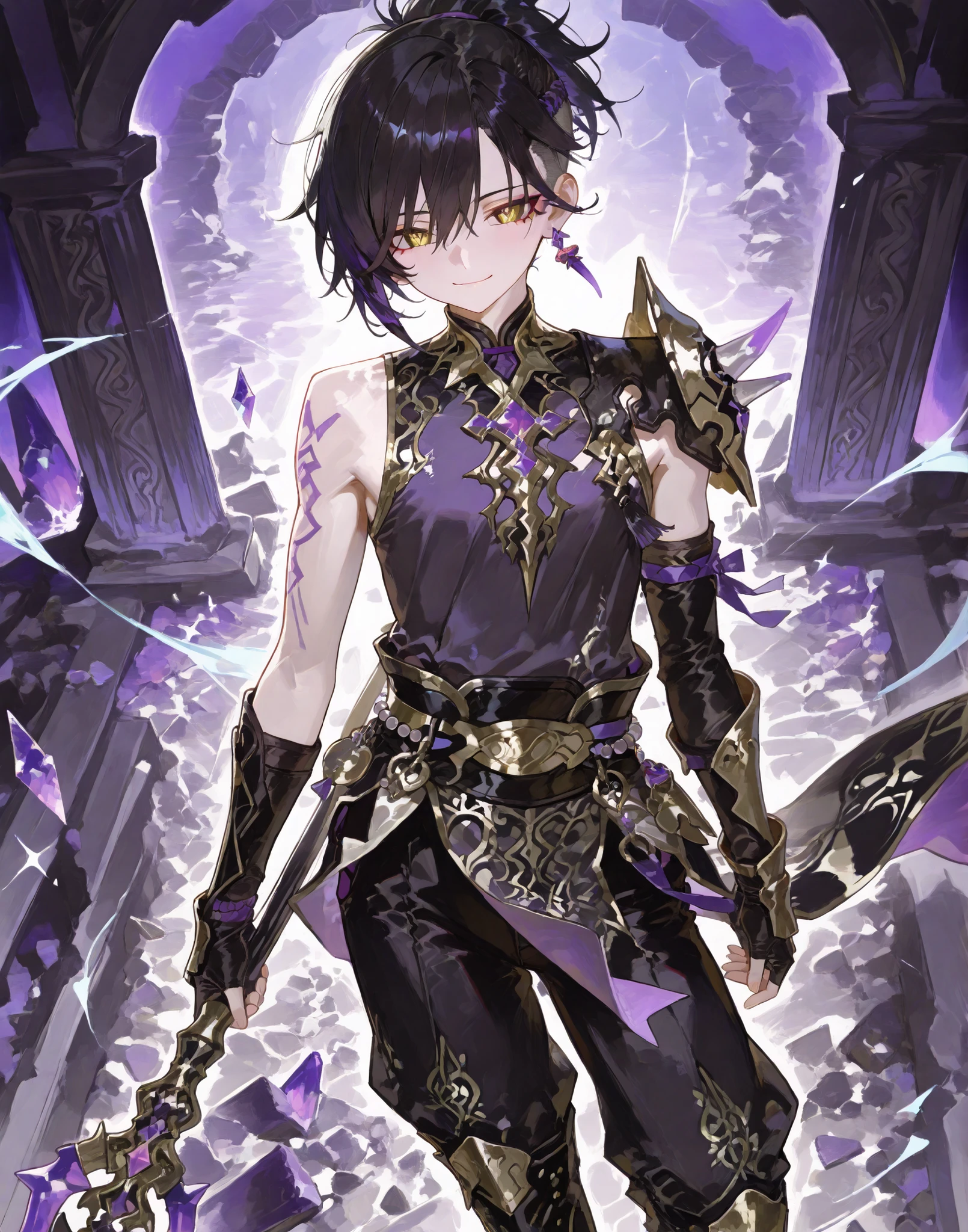young slim athletic Black fantasy boy with smooth dark glowing skin, fierce yet joyful golden eyes shining with energy, short layered textured black hair tied into a sleek high ponytail with gold and purple bead trims woven into it, undercut sides neatly lined, wearing a custom fantasy outfit: sleeveless deep violet and black open-collared tunic with shining gold trims and small sharp layered armor plating over his shoulders and chest, lightweight black combat trousers tucked into mid-calf golden armored sandals, slim golden belt with purple gemstone centerpiece, black fingerless gloves with gold stitching, swirling magical purple and black energy surrounding his body like a living mist, standing playfully spinning a long elegant dark staff tipped with a crackling purple crystal and gold accents, smiling confidently with a mischievous sparkle in his golden eyes, vibrant broken temple ruins and floating purple crystal shards in the background, soft swirling magical wind lifting his tunic edges, anime-style, highly detailed, radiant dynamic fantasy atmosphere, wild yet warm-hearted magical warrior vibe