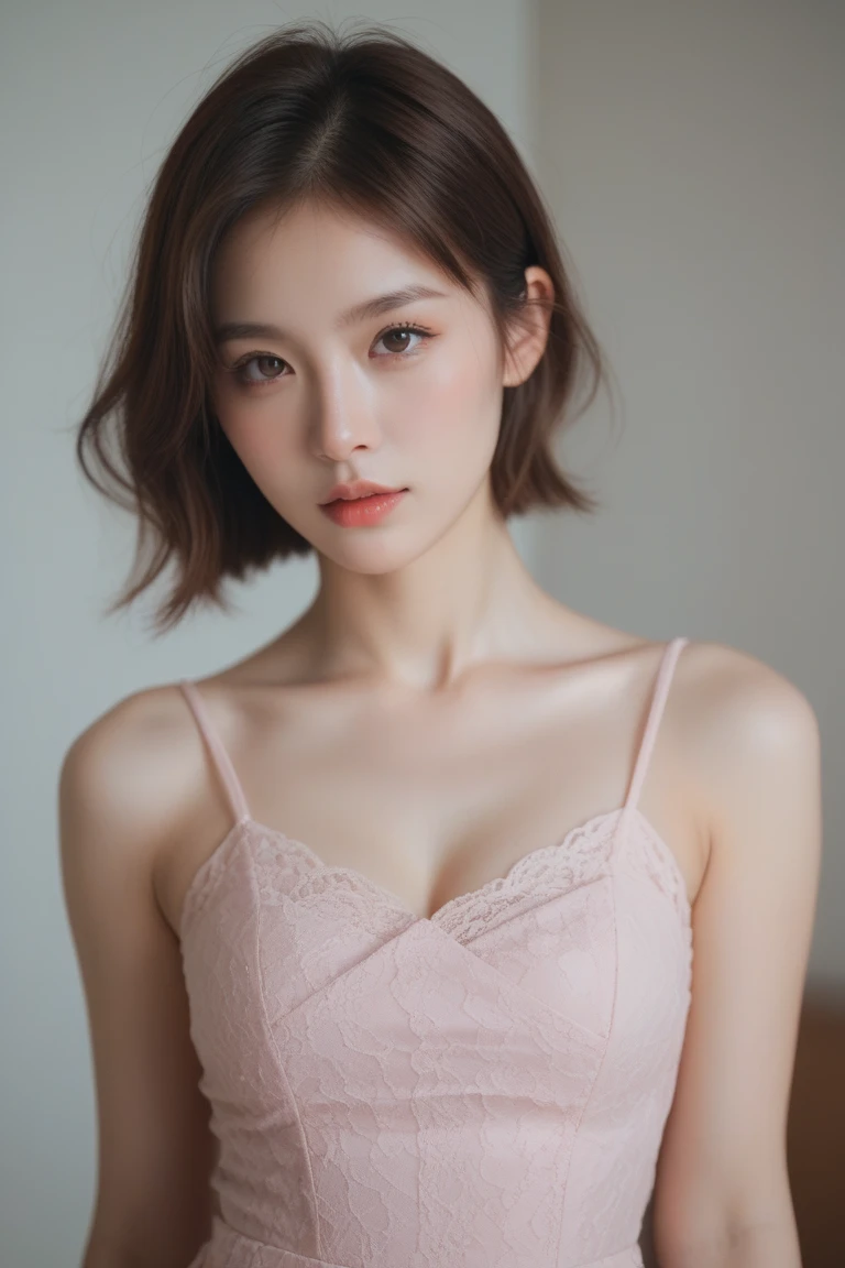 realistic、20 year old woman、slim、whole body、front、short hair、thin underwear