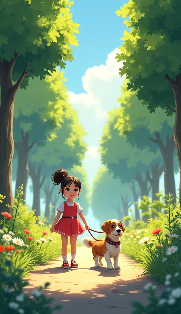 A girl walking in the park with her dog.