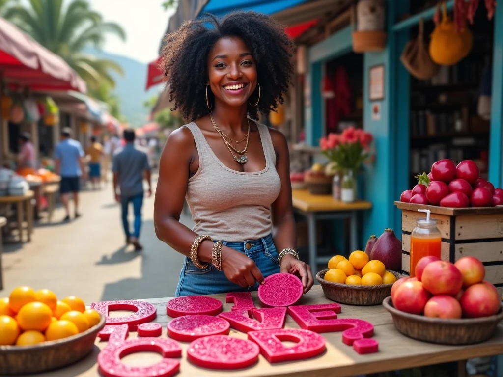 her name is Aaliyah, high quality, 1woman, ((24 year-old Black woman with large breasts: 2.1, curly hair)), ((24 years old)), Full lips, ((Detailed face, Highly Detailed Lips, brown eyes)), voluptuous body, BREAK, wearing contemporary Generation-Z wear, BACKGROUND: outdoors: "a lively marketplace on a sunny day: colorful stalls, bustling crowds, vendors selling fresh produce and handmade crafts, the aroma of street food wafting through the air—a vibrant and bustling scene", pose: dynamic Instagram poses, realistic, looking at the viewer,