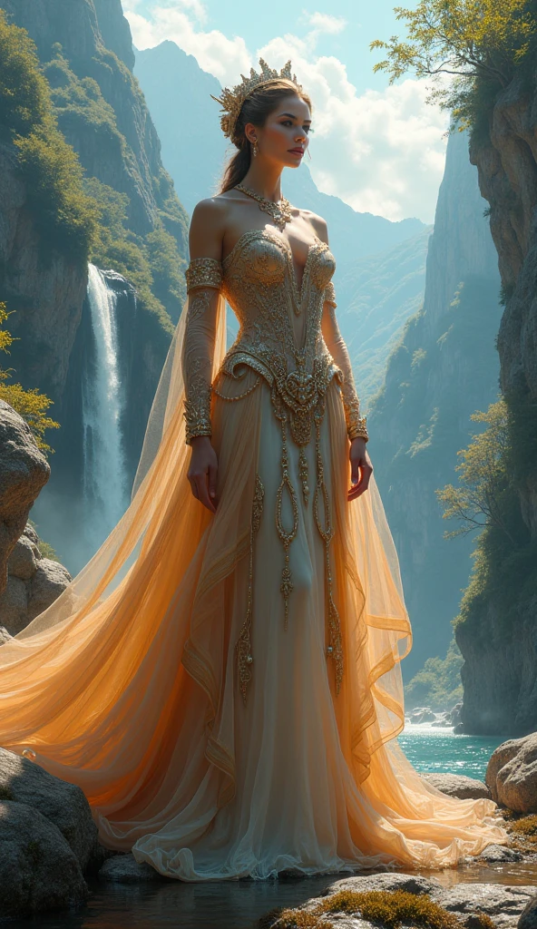 A stunningly beautiful warrior woman (Thai, 1) with long flowing hair in a semi-transparent silk and shiny chiffon dress in bright white and gold, embellished with crystals and necklaces, emphasizing the graceful beauty of the young woman. She stands gracefully on a cliff, amidst a view of an ancient city in a bright fantasy style. Full screen background.