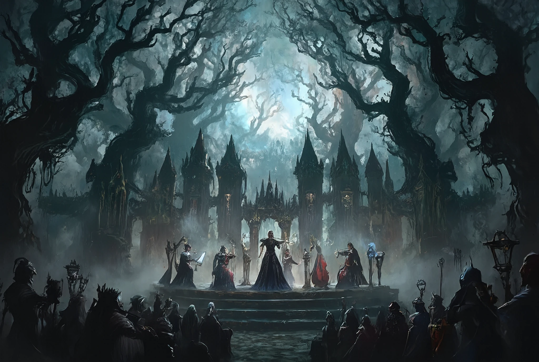 A dark fantasy world classical concert, a grand gothic-style stage in the middle of a misty ancient forest, musicians wearing elegant and mysterious costumes, playing violins, cellos, and harps, audience of mythical creatures like elves, vampires, and spirits, dim moonlight filtering through twisted trees, atmospheric, dramatic, highly detailed, dark and moody color palette, fantasy art style, high quality