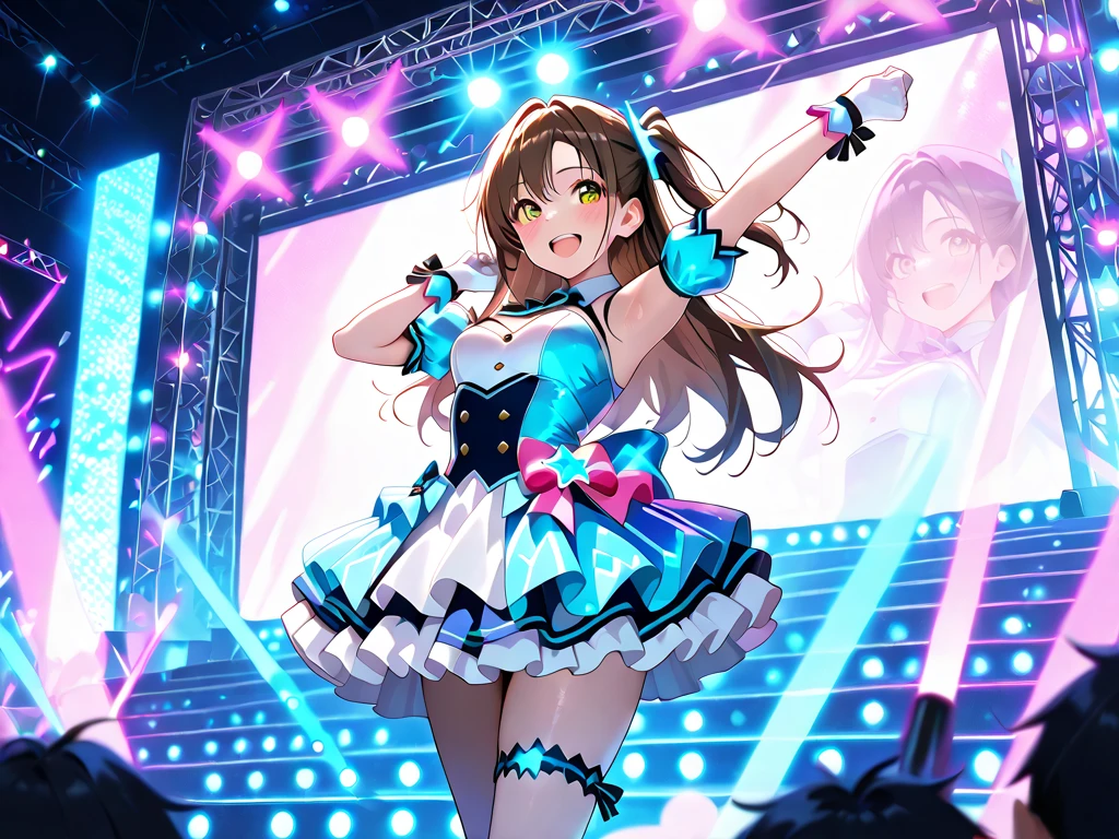 masterpiece, Highest quality, High resolution, Very detailed,(((Viblos))), (((Holding a microphone。))), stage, heavy rain