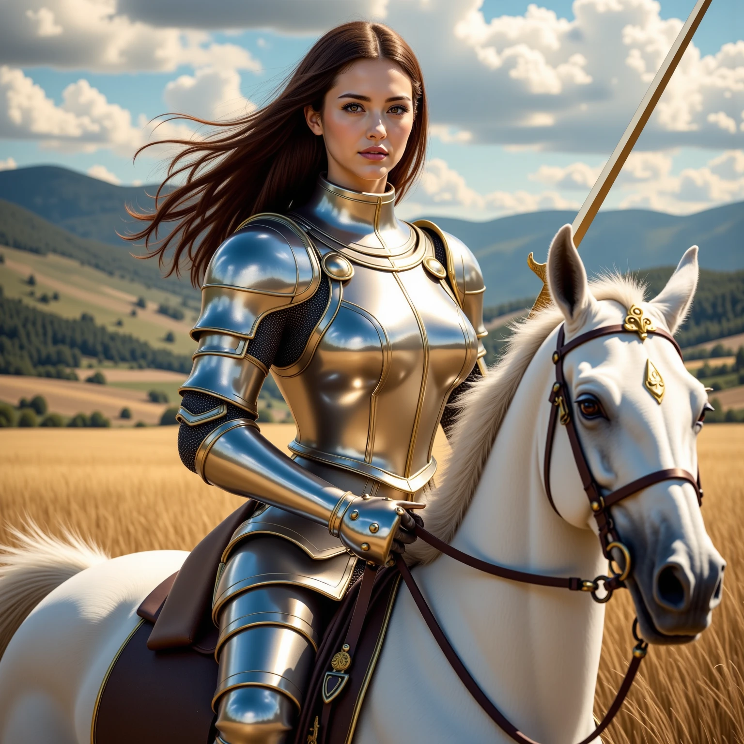 girl photorealistic ,photography,photorealism,CIVITAI wear iron Rome soldier suit,sward, adult, classic lighting, arcana,She ride white strong male horse ,it also ware armour,4k resolution,
