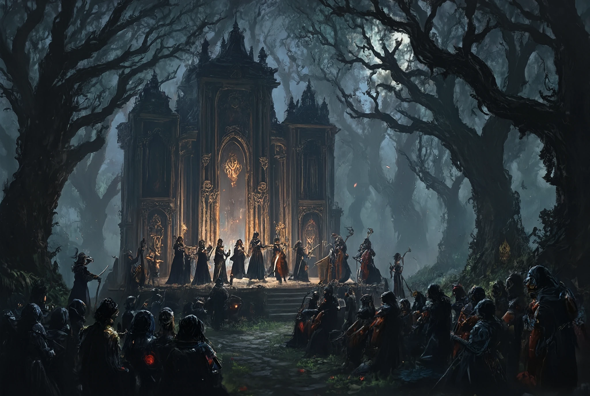 A dark fantasy world classical concert, a grand gothic-style stage in the middle of a misty ancient forest, musicians wearing elegant and mysterious costumes, playing violins, cellos, and harps, audience of mythical creatures like elves, vampires, and spirits, dim moonlight filtering through twisted trees, atmospheric, dramatic, highly detailed, dark and moody color palette, fantasy art style, high quality