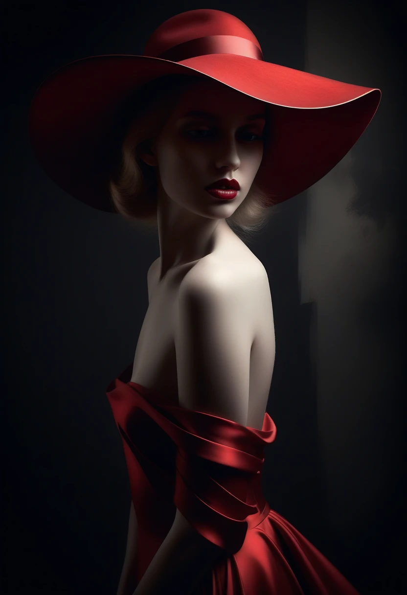 a girl in red hat is in a red lace dress and has red lips, in the style of noir comic art, dark cyan and white, dc comics, ultrafine detail, bold lines, vibrant color, celebrity image mashups, bold lithographic