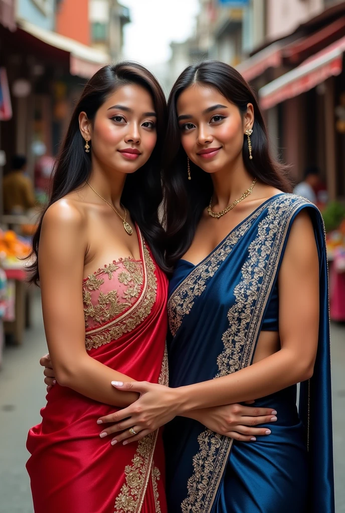 2girl, two beautiful Malay bride, purplekebaya dress, full body shoot, long straight hairs with ornaments, heavy make up, red lipstick, curvy body, thick tighs, hourglass figure, large , absolute cleavage, natural skins, flower garden background, bokeh, realistic, hd